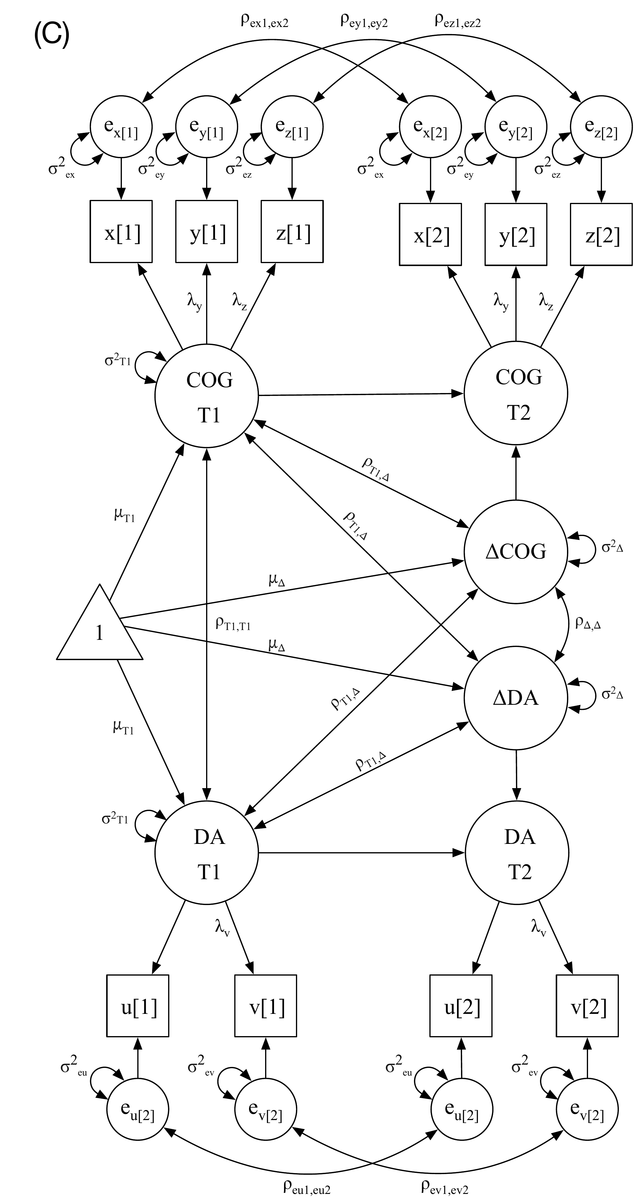 Path diagram showing a bivariate latent change score model for dopamine and cognition
